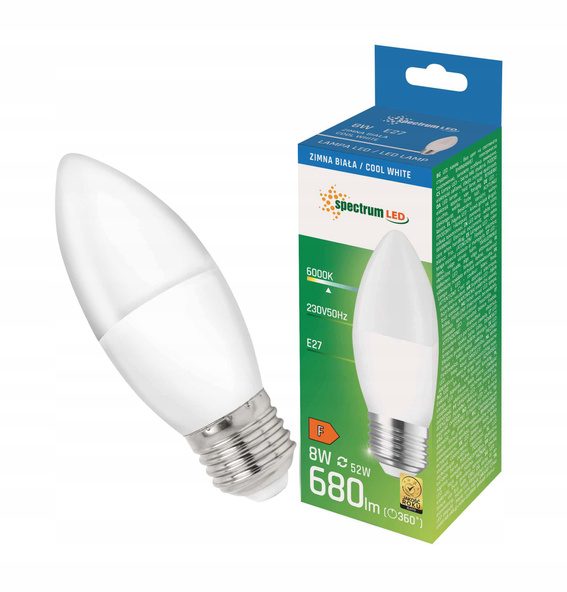 Żarówka LED świecowa 8W E27 BARWA ZIMNA Spectrum
