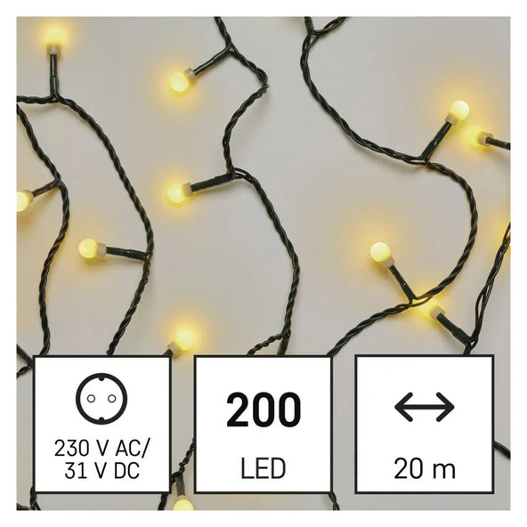 EMOS Lampki choinkowe 200 LED cherry 20m , ciepła biel, zielony przewód, IP44, 8 programów, timer