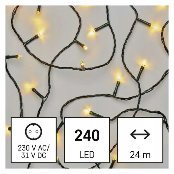 EMOS Lampki choinkowe Classic 240 LED 24m ciepła biel, zielony przewód, IP44, 8 program., timer