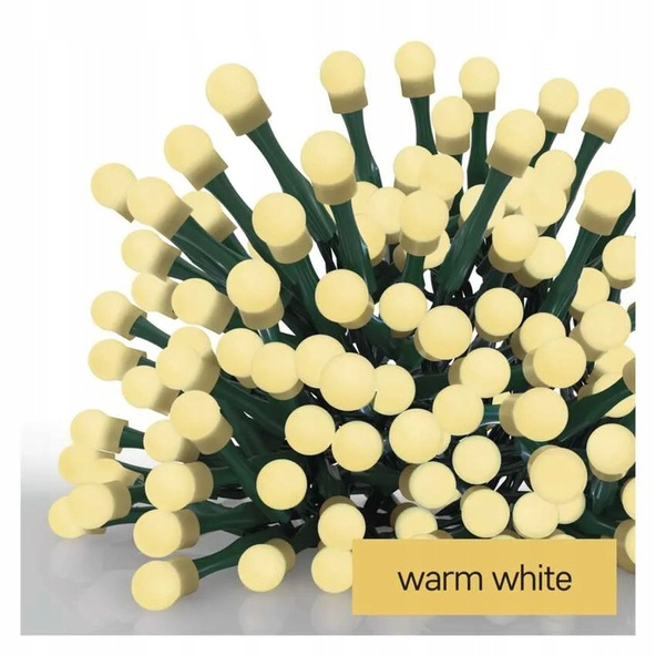 EMOS Lampki choinkowe 200 LED cherry 20m , ciepła biel, zielony przewód, IP44, 8 programów, timer