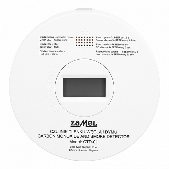 Czujnik tlenku węgla czadu i dymu 2w1 wbudowana bateria LCD CTD-01 Zamel