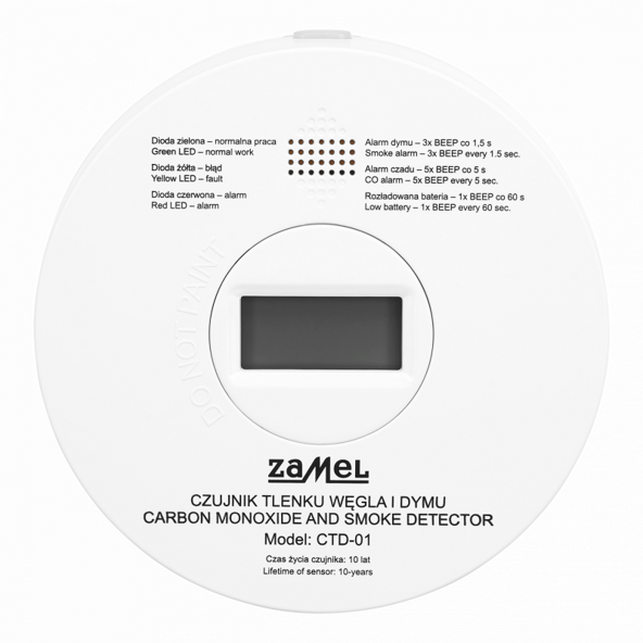 Czujnik tlenku węgla czadu i dymu 2w1 wbudowana bateria LCD CTD-01 Zamel