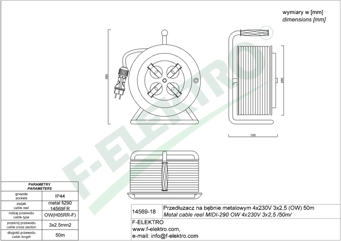 Przedłużacz bębnowy metalowy w gumie 50mb 3x2,5 F-Elektro